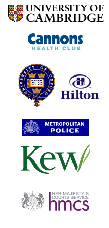 Client logos: University of Cambridge, Cannons Health Club, Oxford University, Hilton Hotel, Metropolitan Police, Kew Gardens, Royal Court of Justice